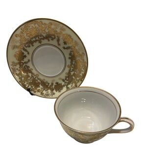 Wiss China Tea Cup Saucer Set Gold Encrusted Floral Cream Porcelain Vintag Japan